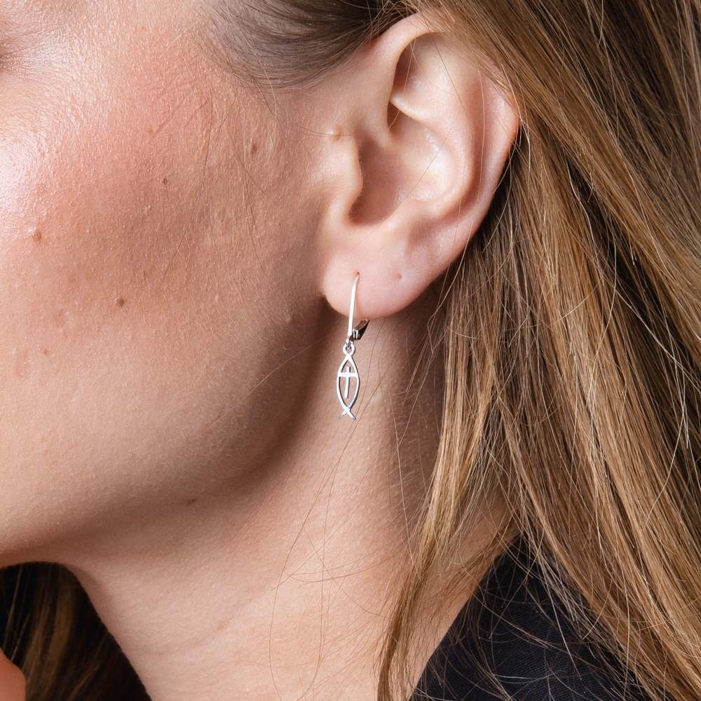 Small Jesus Fish with Latin Cross Earrings in 925 Sterling Silver