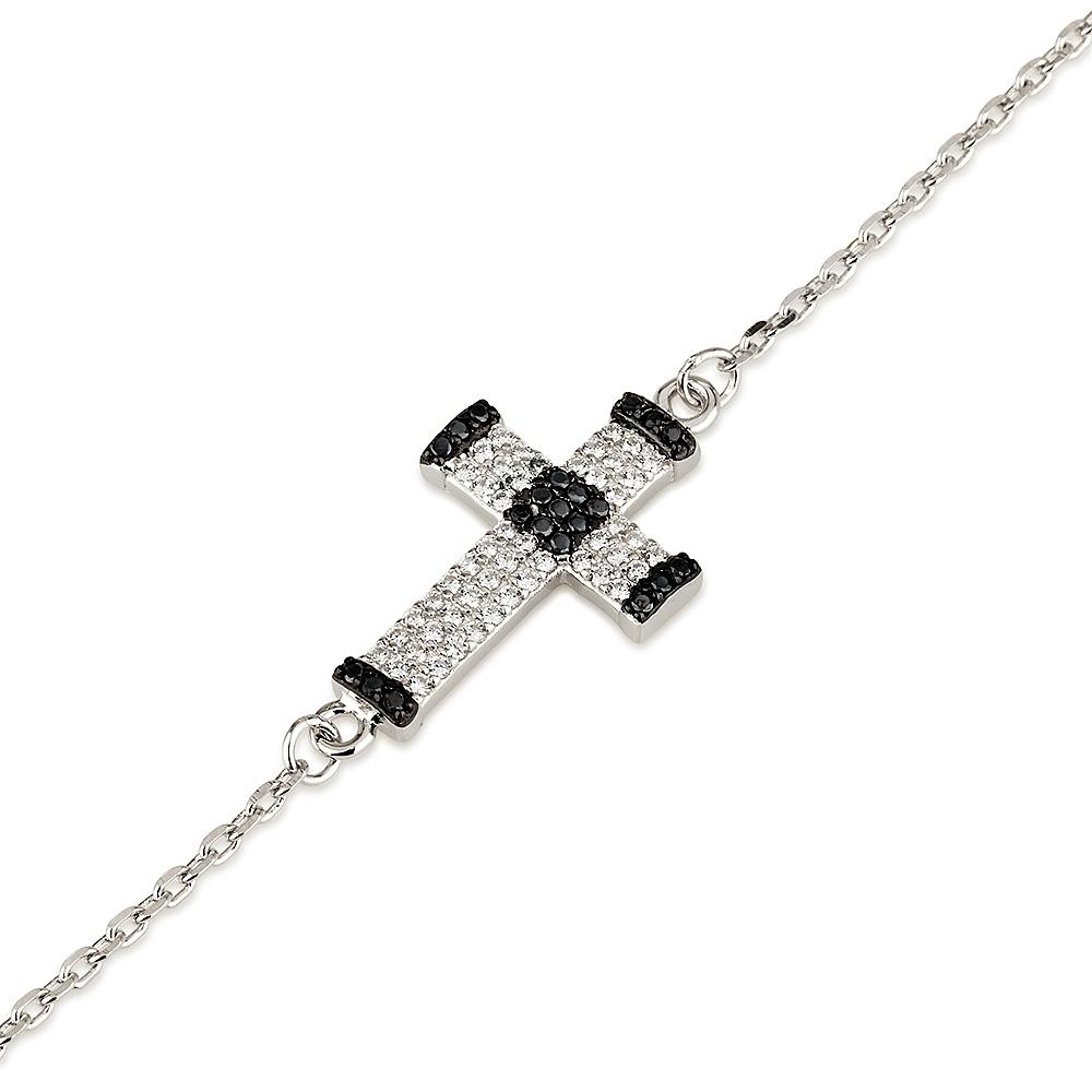 Latin Cross Bracelet with Black and White Cubic Zirconia in 925 Sterling Silver