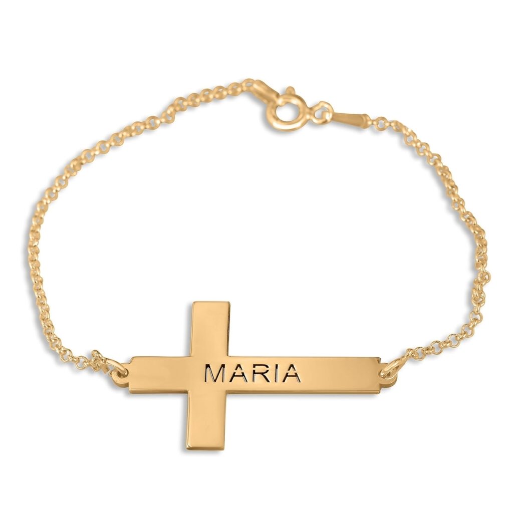 Custom Name Cross Bracelet in 925 Sterling Silver or 24K Gold Plating