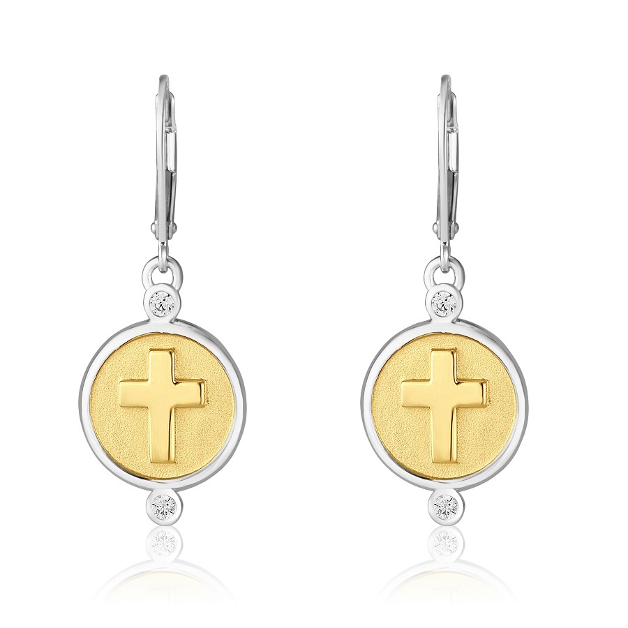 18K Gold-Plated Latin Cross Drop Earrings with Zircons in 925 Sterling Silver