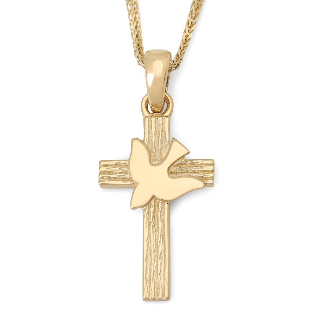 14K Gold Holy Spirit Dove Cross Pendant Necklace with Textured Post