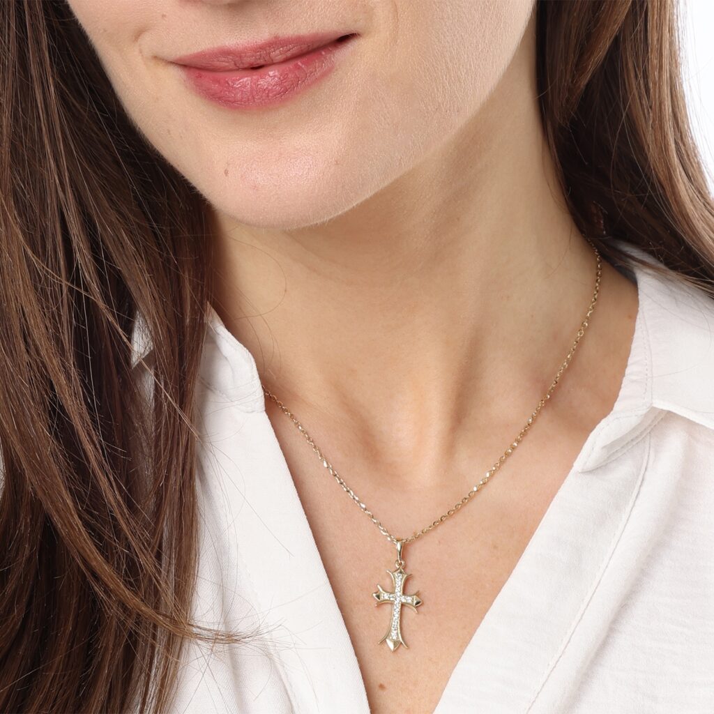 14K Gold Fleur-de-Lis Cross Pendant Necklace with Diamonds - Yellow or White Gold
