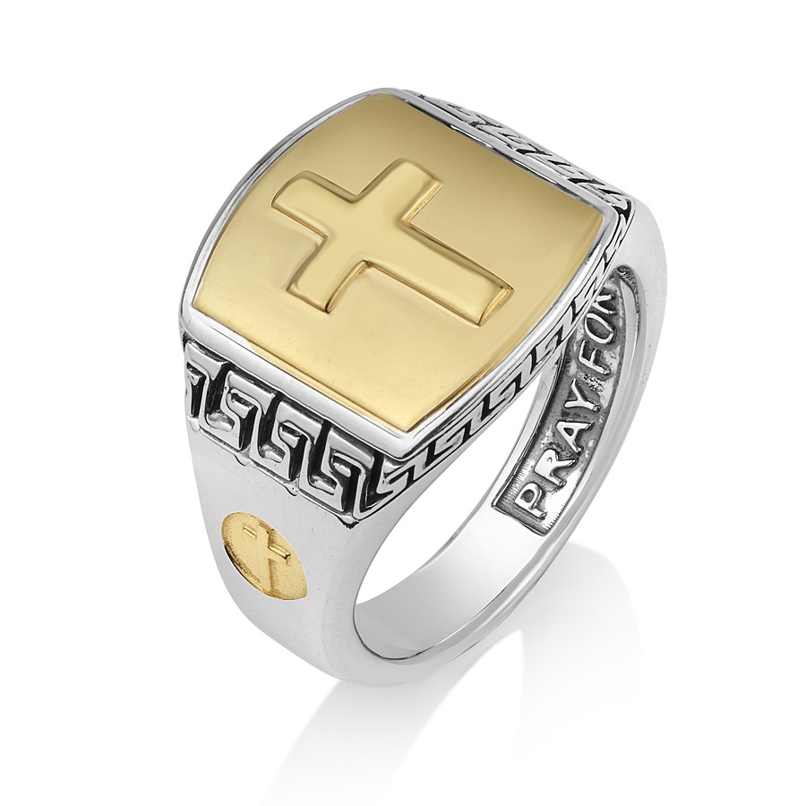 Men's 925 Sterling Silver and 18K Gold Plated Latin Cross Signet Ring with Greek Key Pattern