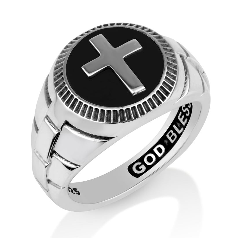 Men's 925 Sterling Silver Latin Cross Signet Ring with Onyx and Brick Design