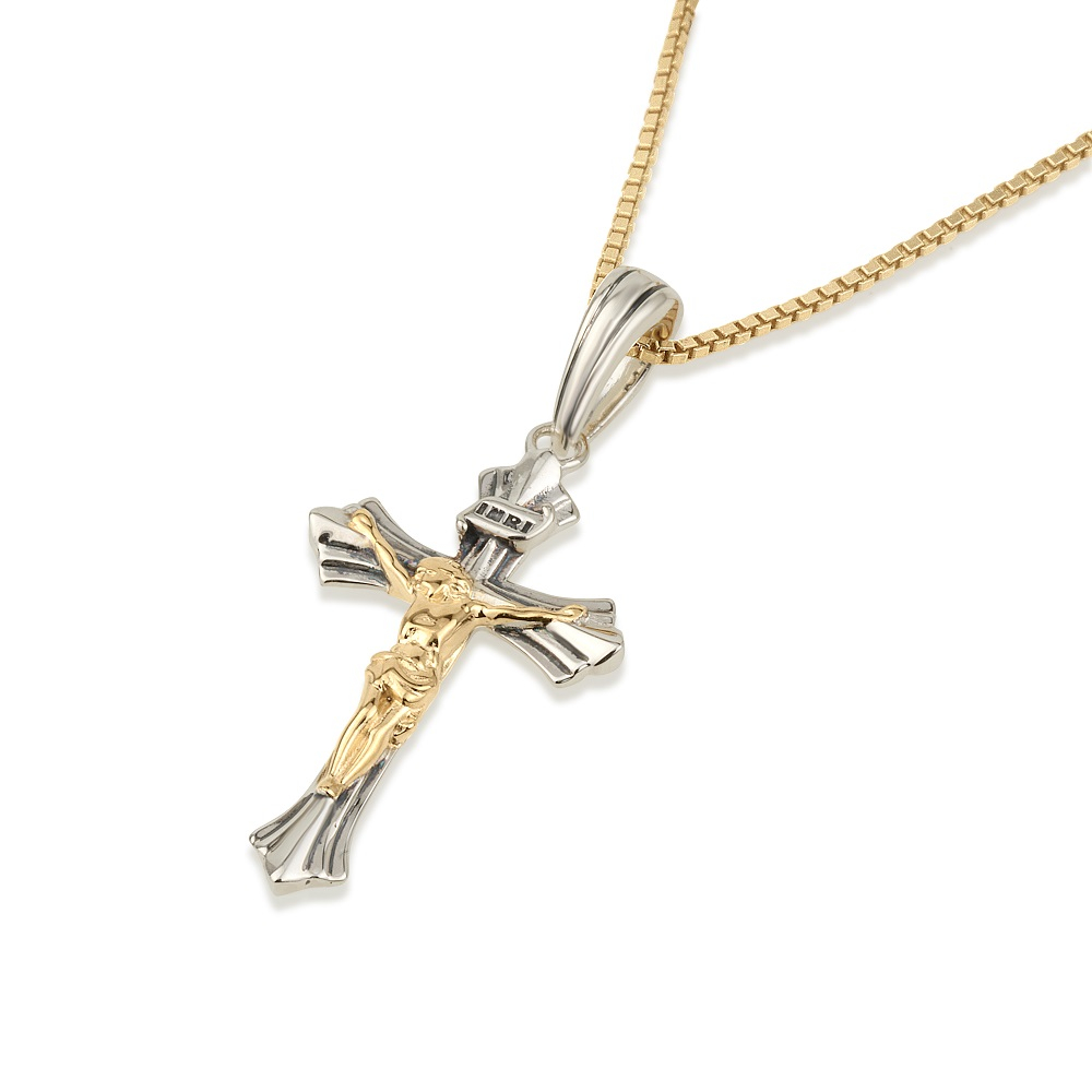 Fluted INRI Crucifix Cross Necklace in 925 Sterling Silver with
