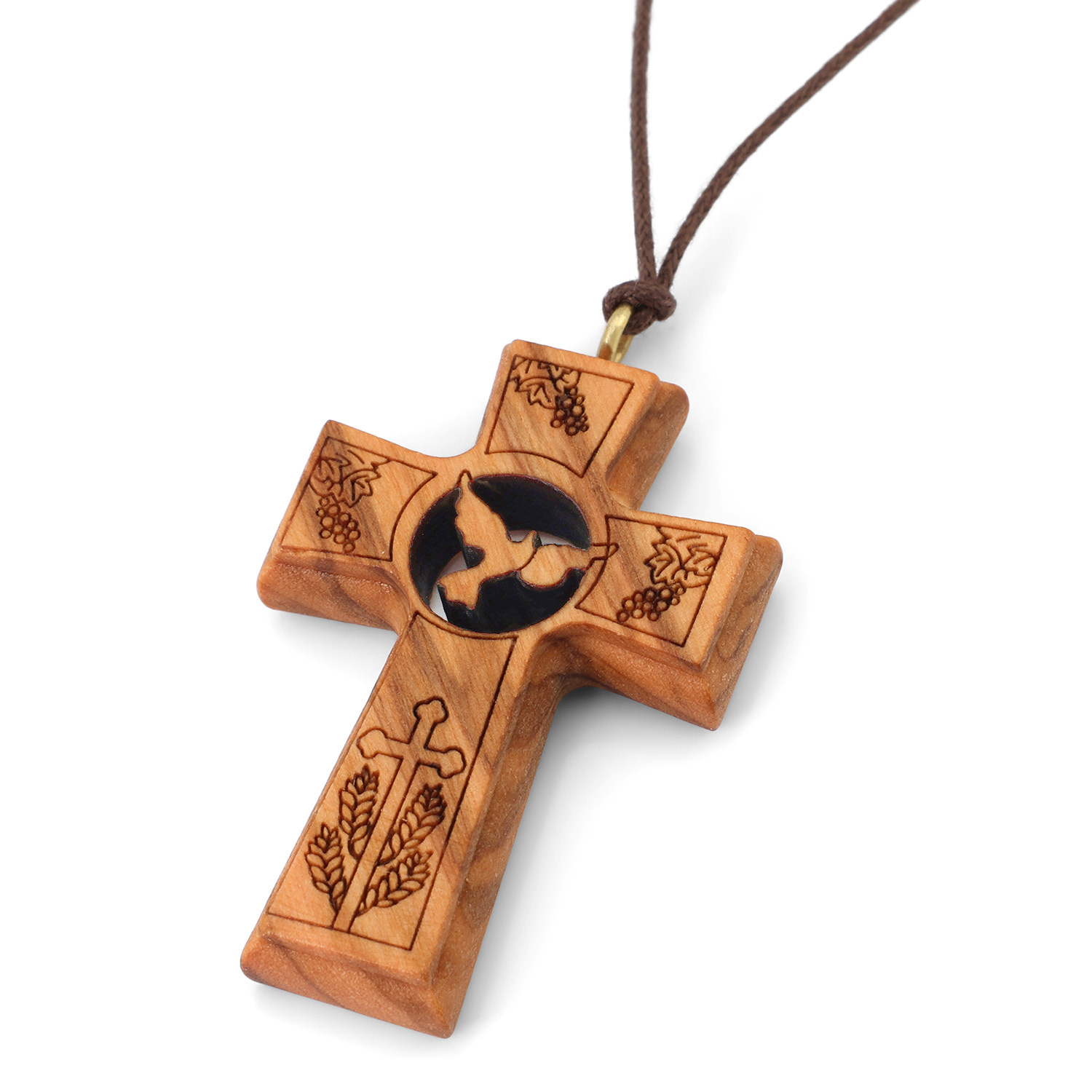 Ornate Olive Wood Cross Necklace with Holy Spirit Dove - Hand