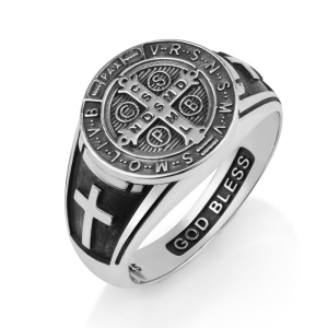 925 Sterling Silver Saint Benedict Cross Signet Ring with Latin Crosses