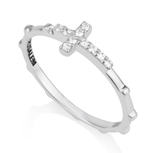 925 Sterling Silver Rosary Cross Ring with Integrated Zircon Cross
