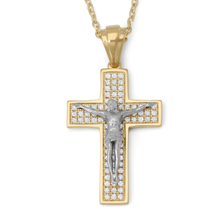 14K Two-Tone Gold Diamond Crucifix Pendant Necklace with Jesus