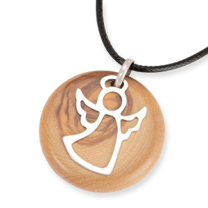 Handmade Olive Wood and 925 Sterling Silver Angel Necklace