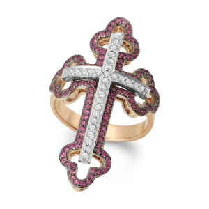14K Two-Tone Gold Elongated Orthodox Cross Ring with 23 Diamonds and 114 Rubies Pavé