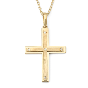 14K Gold Stacked Latin Cross Pendant Necklace with 5 Diamonds in Yellow or White Gold - Unisex