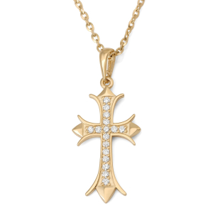 14K Gold Fleur-de-Lis Cross Pendant Necklace with Diamonds - Yellow or White Gold