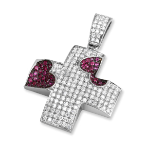 14K White Gold Diamond and Ruby Pavé Hearts Greek Cross Pendant 