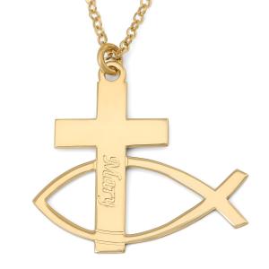 Custom Name Ichthys and Cross Necklace in 925 Sterling Silver or 24K Gold-Plating