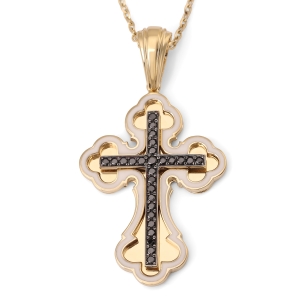 14K Gold Orthodox Cross Pendant Necklace with 27 Black Diamonds 