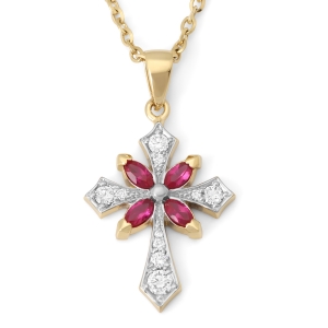 14K Gold Two-Tone Diamond and Ruby Cross Pendant Necklace with Petal Motif