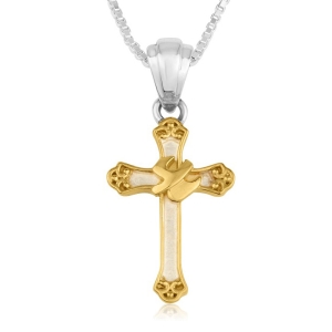 18K Gold-Plated Holy Spirit Dove Cross Necklace with White Enamel in 925 Sterling Silver