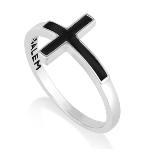 925 Sterling Silver Horizontal Latin Cross Ring in Black Enamel