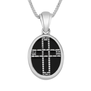 Oval Latin Cross Necklace in 925 Sterling Silver and Onyx with Brick-Pattern