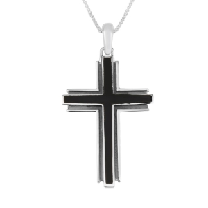 925 Sterling Silver Framed Latin Cross Necklace with Onyx Inlay
