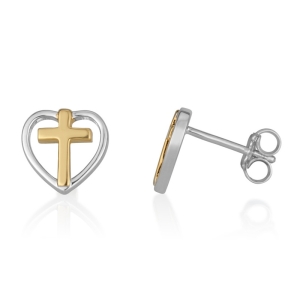 Cross-in-Heart 925 Sterling Silver and 18K Gold Plated Stud Cross Earrings