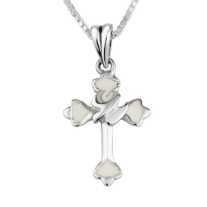 Budded Holy Spirit Dove Cross Necklace with White Enamel in 925 Sterling Silver