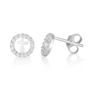 Cross-in-Halo 925 Sterling Silver Stud Cross Earrings with Zircons