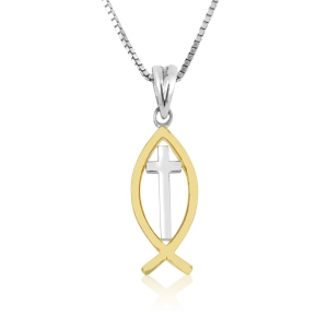 925 Sterling Silver Ichthys and Cross Necklace with 18K Gold Plating