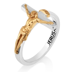 925 Sterling Silver INRI Crucifix Cross Ring with 18K Gold-Plated Corpus