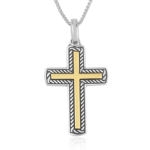 925 Sterling Silver Latin Cross Necklace with 18K Gold-Plated Inlay and Rope Frame