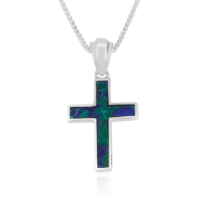 925 Sterling Silver Latin Cross Necklace with Azurite Inlay
