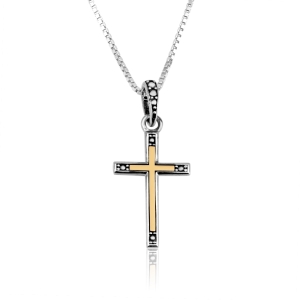 925 Sterling Silver Latin Cross Necklace with Gold-Plated Inlay and Dotted Tips