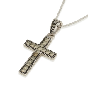 925 Sterling Silver Latin Cross Necklace with Pyramid Marcasite Tiles