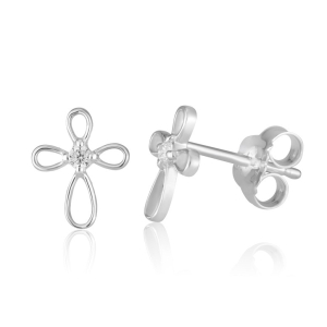 Stud Latin Petal Cross Earrings with Zircons in 925 Sterling Silver