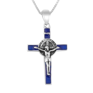 925 Sterling Silver Saint Benedict Crucifix Cross Necklace with Blue Enamel