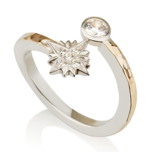 925 Sterling Silver Star of Bethlehem Bypass Ring with Cubic Zirconia and 9K Gold-Plated Hammered Detailing