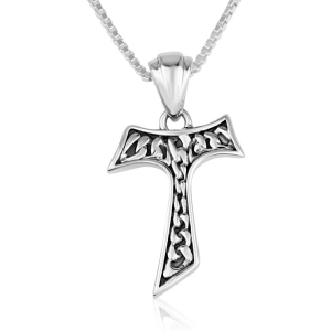 925 Sterling Silver Tau Cross Necklace with Chain-Link Motif