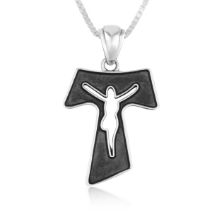 Tau Cross Necklace with Cut-Out Crucifix in Blackened 925 Sterling Silver
