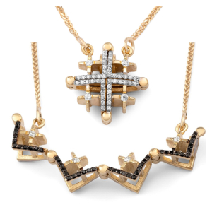 Double-Sided Convertible Jerusalem Cross Necklace with 96 Black and White Diamonds in 14K Yellow Gold