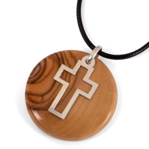 Handmade Olive Wood and 925 Sterling Silver Cross Necklace