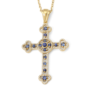 Ornate Orthodox Blue Diamond Cross Pendant Necklace 14K Gold