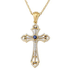 Filigree Diamond Trinity Cross Pendant Necklace 14K Gold Blue and White