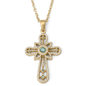 Budded Cross Green Diamond Pendant Necklace 14K Gold 