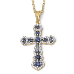 Blue and White Diamonds Orthodox Cross Pendant 14K Gold