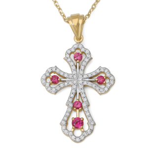 Diamond Ruby Cross Pendant Women's Necklace in 14K Gold 