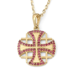 14K Gold Flared Jerusalem Cross Pendant Necklace with 68 Rubies