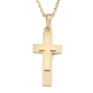  14K Gold Stacked Latin Cross Pendant Necklace in Texured Yellow or White Gold - Unisex 