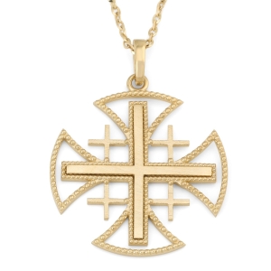 14K Gold Dotted Jerusalem Cross Pendant Necklace in Yellow or White Gold