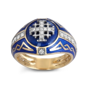Men’s Rounded Jerusalem Crusader Cross Signet Ring with 39 Diamonds in 14K Gold and Blue Enamel
